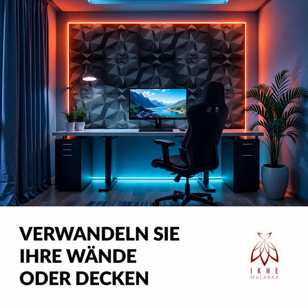 Modernes Arbeitszimmer mit 3D Wandpaneelen, Schreibtisch und Gaming Stuhl, akzentuiert durch indirekte Beleuchtung und Ikhe Malarka Logo.