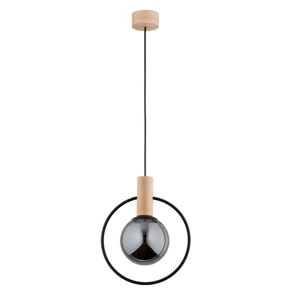 Moderne Hängeleuchte mit gläsernem Leuchtmittel, Holzfassung und schwarzem Metallring.