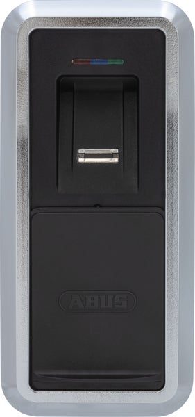 ABUS Fingerabdruckscanner für Türschlösser mit Statusleuchte und Gehäuse in Silber und Schwarz.