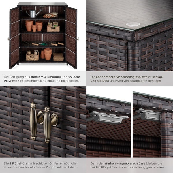 Offener Gartenschrank aus Polyrattan mit Regalböden, Sicherheitsglasplatte, Metallgriffen und Magnetverschlüssen für Gartenutensilien.