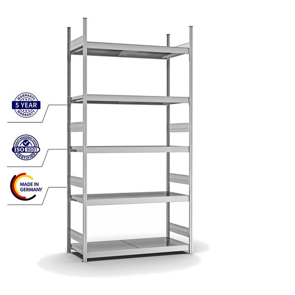 PROREGAL Weitspannregal Stecksystem T-Profil Grundregal HxBxT 300x150x50 cm 5 Ebenen Stahlplatten Fachboden Fachlast 350 kg Verzinkt