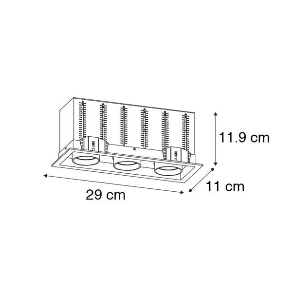 Maßzeichnung einer 3-flammigen Einbauleuchte mit den Maßen: Länge 29 Zentimeter, Breite 11 Zentimeter, Höhe 11,9 Zentimeter.