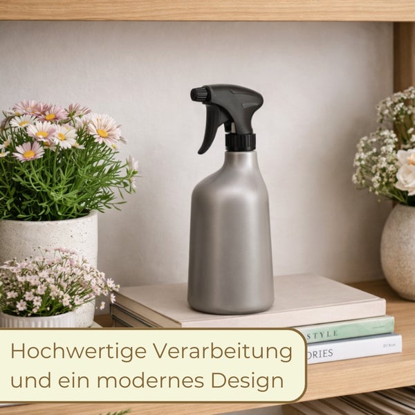 Graue Sprühflasche aus Kunststoff mit schwarzem Sprühkopf und 1 Liter Fassungsvermögen.