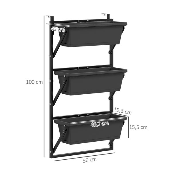 Schwarzes vertikales Pflanzregal mit drei Kästen, Höhe 100 Zentimeter, Breite 56 Zentimeter, Kastenbreite 49,7 Zentimeter.