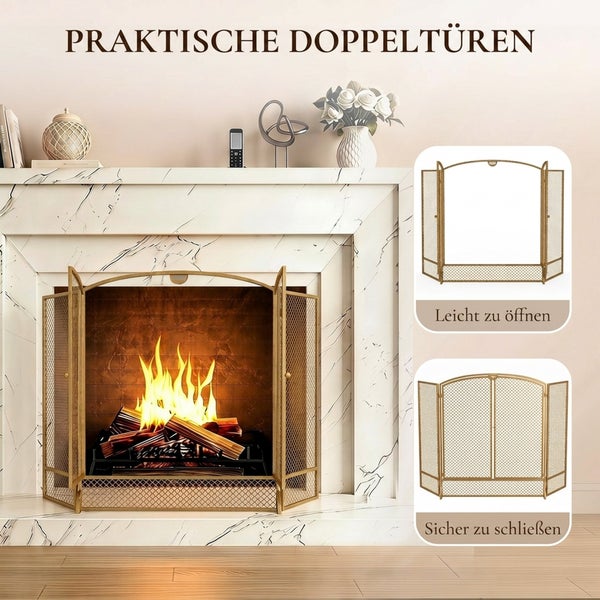 Kaminfunkenfang mit praktischen Doppeltüren vor einem Kamin mit brennendem Feuer im Marmorkaminumbau.