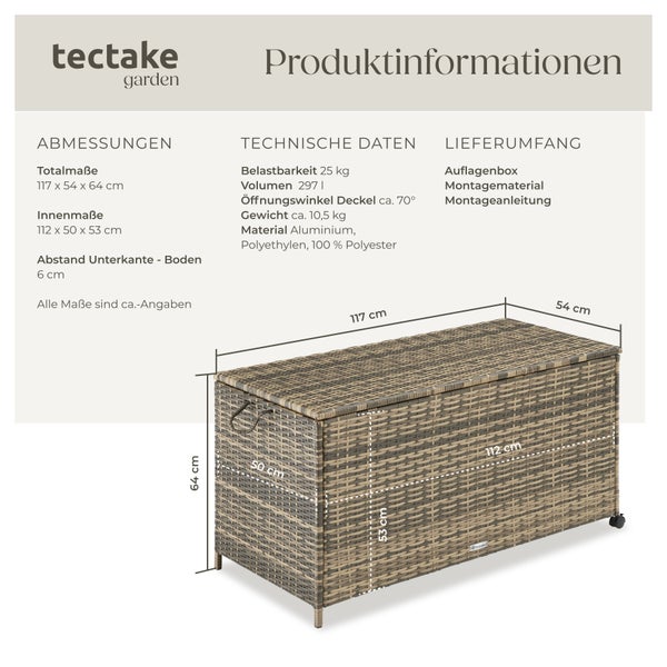 Auflagenbox tectake Kuusamo 117 x 54 x 64 cm mit Aluminiumgestell und Rattangeflecht natur