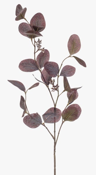 Künstlicher Eukalyptuszweig mit dunkelvioletten runden Blättern.