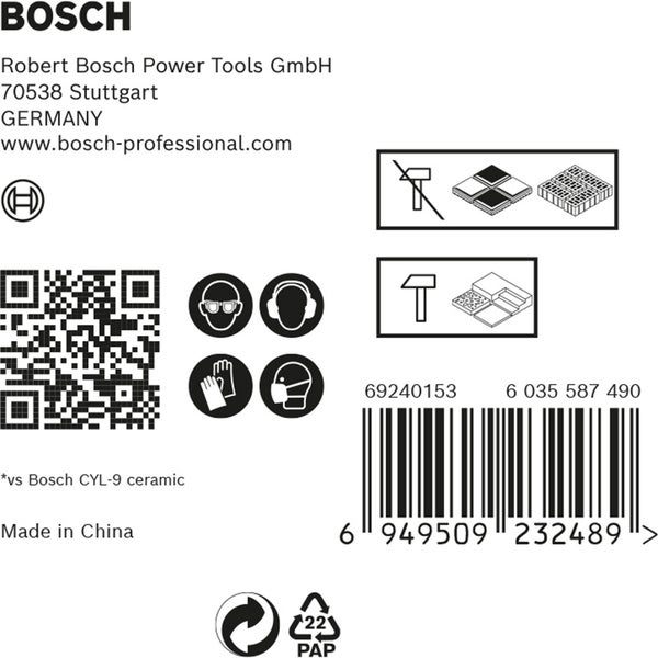 Bosch Firmenlogo, Informationen zu Produktsicherheit und Recyclinghinweise.