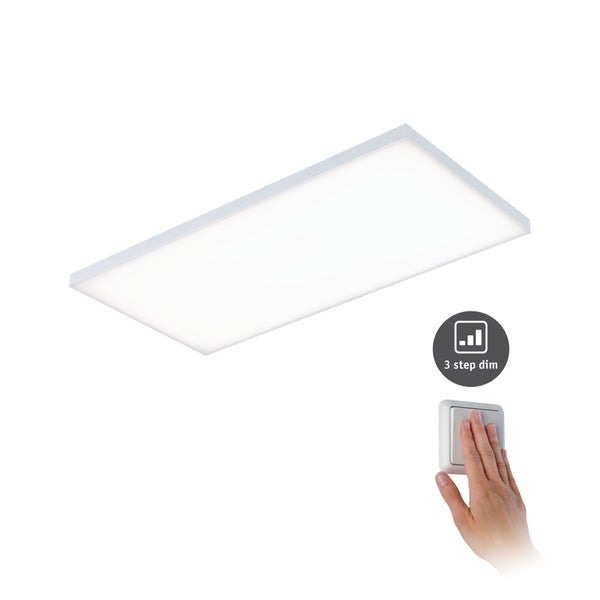 Rechteckiges LED-Panel für Deckenmontage in flacher Bauweise mit weißem Metallrahmen und opalem Diffusor.