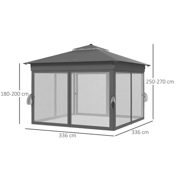 Outsunny Faltpavillon ca. 3 x 3 m, Pavillon mit LED, 4 Netzvorhängen, Seitenwand, Gartenpavillon mit Wassersack, Doppeldach, Tragetasche, für Balkon, Terrasse, Dunkelgrau