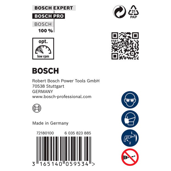 Bosch Experte, Bosch Pro, Bosch Logo, Papier-Recycling Symbol, QR-Code, Sicherheitshinweise