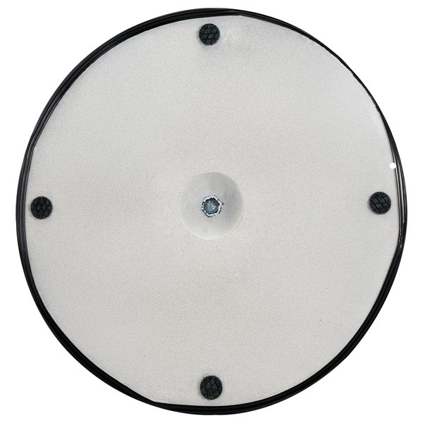 Runde Standfuß-Unterseite mit vier rutschfesten Gummifüßen und zentraler Befestigungsschraube.