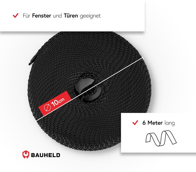 Schwarzes Dichtband mit den Maßen 6 Meter mal 10 Zentimeter, geeignet für Fenster und Türen
