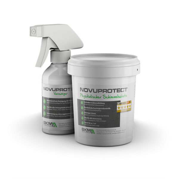 Novuprotect Set mit Vorreiniger in der Sprühflasche und physikalischem Schimmelschutz im Eimer von BKM Mannesmann.