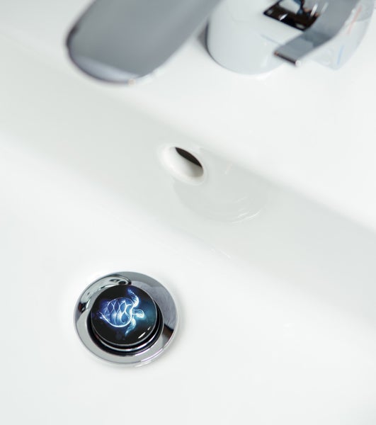 Waschbecken mit Abflussstopfen mit Schildkrötenmotiv und Armatur