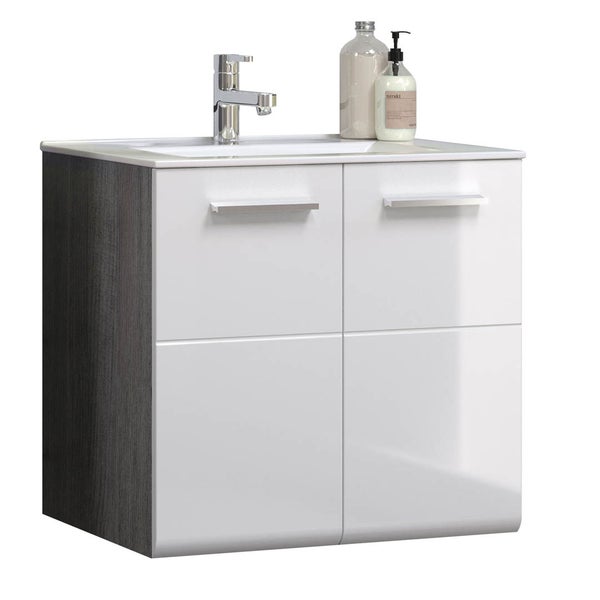 Riva Waschbeckenunterschrank 2 Türen, weiß Hochglanz, grau. 62 X 47 X 59 cm