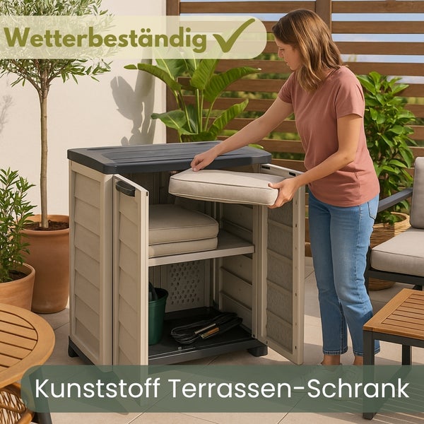 Kunststoff Terrassenschrank mit Regalböden im Aussenbereich