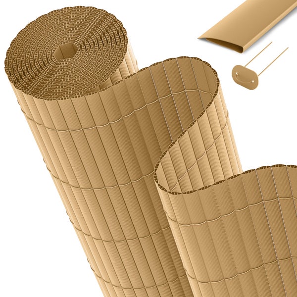 PVC Sichtschutzmatte als Rollware mit Befestigungsclips und Abschlussleisten für den Garten oder Balkon.