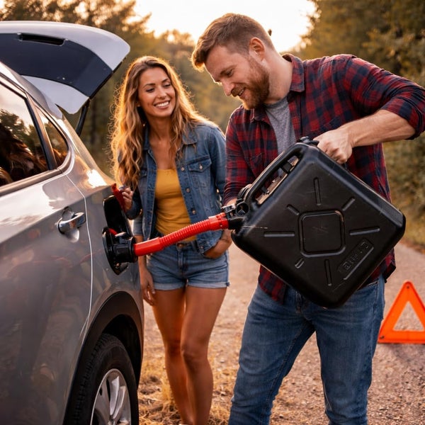 Ein Mann füllt Kraftstoff aus einem Kanister in das Auto, während eine Frau daneben steht. Ein Warndreieck steht am Straßenrand.