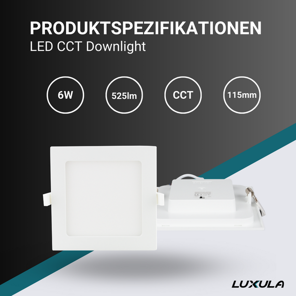 LED CCT Downlight Produktmerkmale: 6 Watt, 525 Lumen, CCT Farbtemperaturregelung, 115 Millimeter