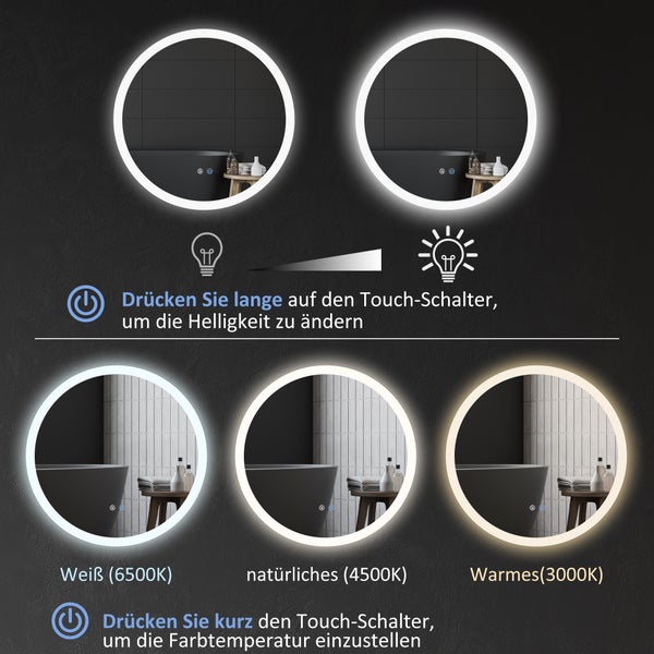kleankin Badspiegel mit Beleuchtung, Ø70 cm Wandspiegel mit 3 Lichtfarben, IP44 Lichtspiegel mit Touch-Schalter, Memory-Funktion, Badezimmerspiegel mit Anti-Beschlag