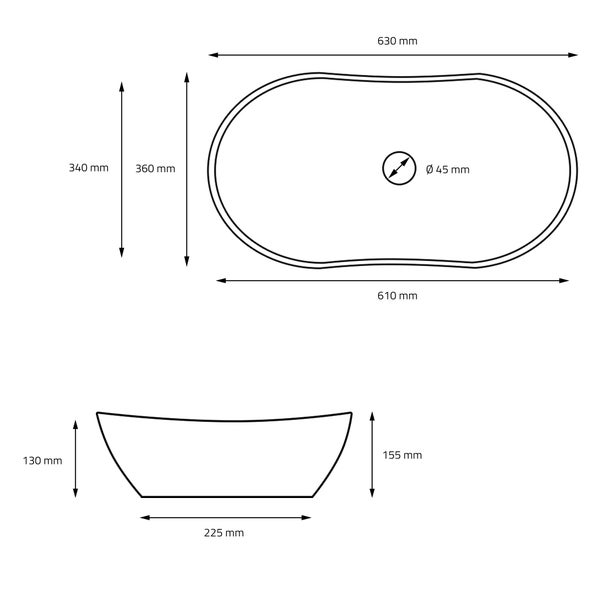 ML-Design Waschbecken aus Keramik in Schwarz matt 63 x 36 x 15,5 cm mit Ablaufgarnitur, Ovale Aufsatzwaschbecken, Moderne Waschtisch Waschschale Waschplatz Handwaschbecken, für Badezimmer / Gäste-WC