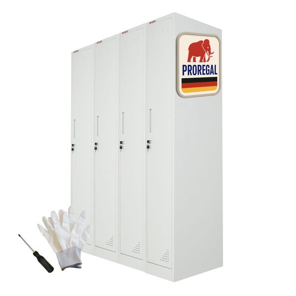 Proregal Metall-Spind mit 4 Abteilen in Weiß, inklusive Arbeitshandschuhen und Schraubendreher.