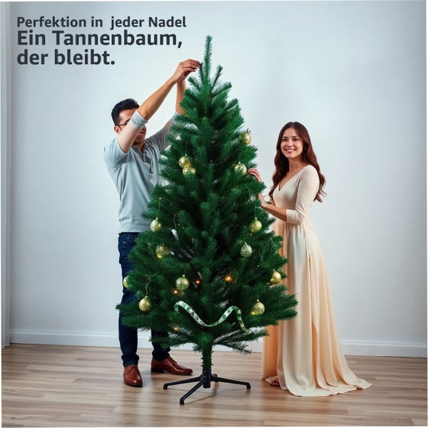 Paar schmückt einen immergrünen künstlichen Weihnachtsbaum mit goldenen Kugeln und einer Schleife