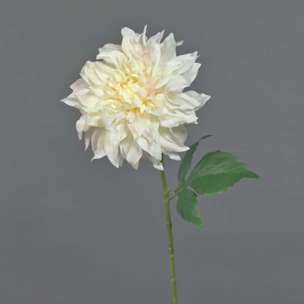 Künstliche Dahlie in Creme mit grünem Stiel und Blatt.