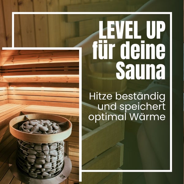 Sauna mit Saunaofen, Steinen und Holzbänken
