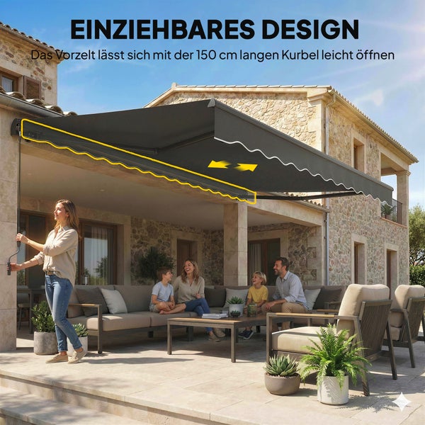 Einziehbare graue Gelenkarmmarkise über Terrasse mit Lounge-Möbeln und Familie. Frau bedient die Markise mit 150 cm Kurbel.