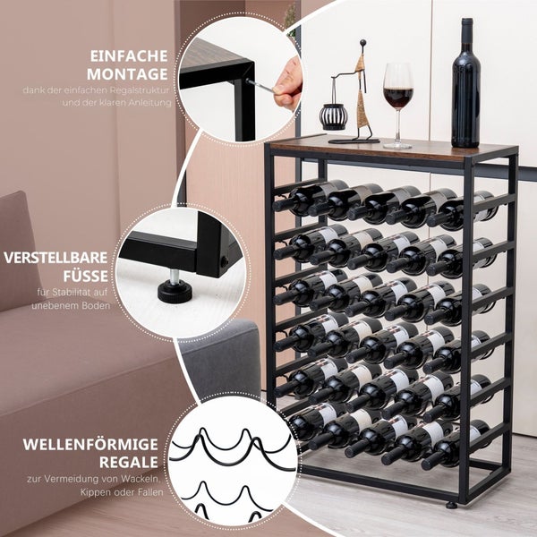 BERLINLODGE Weinregal Bordeaux | HxBxT 88x59x30cm | 30 Flaschen auf 6 Ebenen + Ablage | Vintagebraun-Schwarz