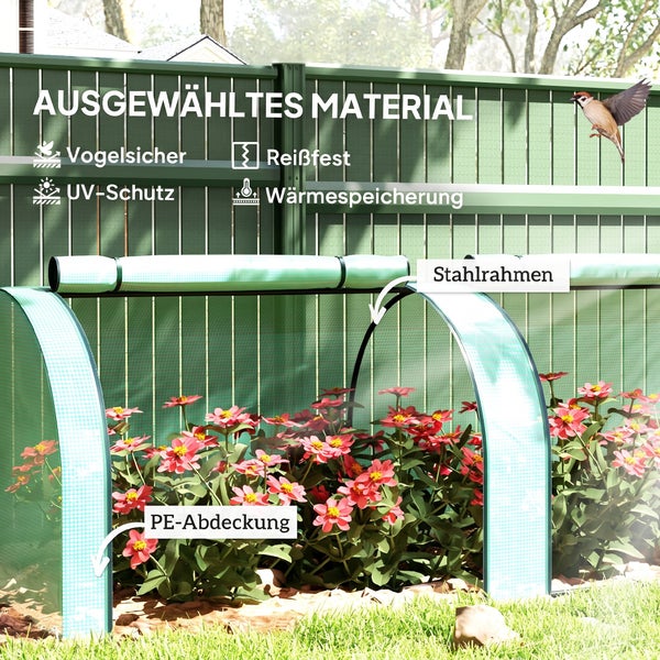 Folientunnel für Pflanzen mit Stahlrahmen und Polyethylen Abdeckung schützt vor Vögeln und bietet UV Schutz sowie Wärmespeicherung im Garten.