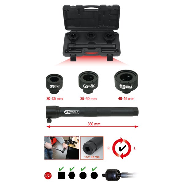 KS Tools Spurstangenkopfwerkzeug Satz mit Koffer und verschiedenen Größen von 30 bis 45 Millimeter sowie Drehmomentwerkzeug mit 360 Millimeter Länge