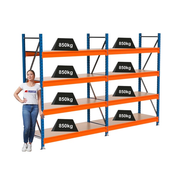 Lagerregal mit mehreren Regalböden und Gewichtsangabe 850 Kilogramm