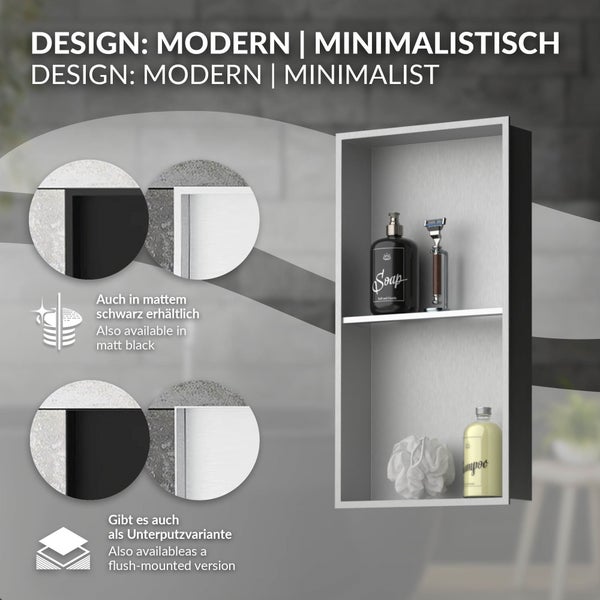 Modernes, minimalistisches Wandregal fuer das Badezimmer mit zwei Ablagefaechern, erhaeltlich als Unterputzvariante und in mattem Schwarz.