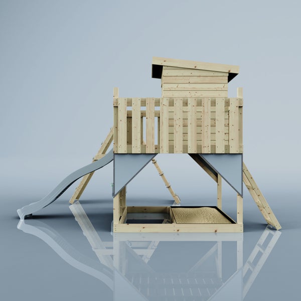 Spielturm aus Holz mit Rutsche, Leiter, Kletterwand und integriertem Sandkasten.