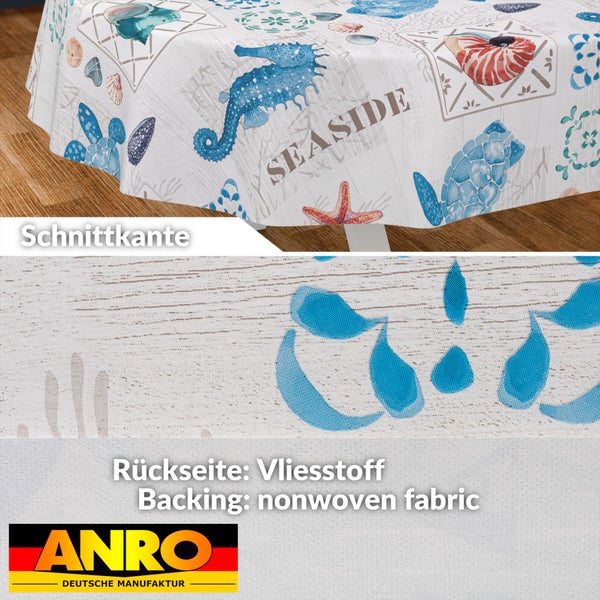 Abwischbare Tischdecke mit maritimem Motiv aus Seepferdchen und Schildkröten, Schnittkante, Rückseite aus Vliesstoff, ANRO Logo.