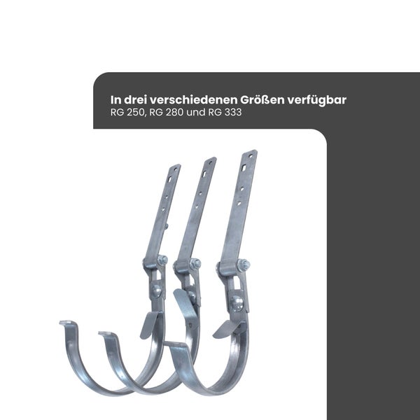 Drei verstellbare Rinneneisen aus verzinktem Stahl in den Größen RG 250, RG 280 und RG 333.