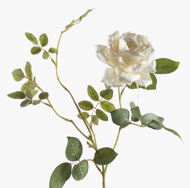 Künstlicher Rosenzweig in Nahaufnahme mit grünen Blättern und Dornen am Stiel.