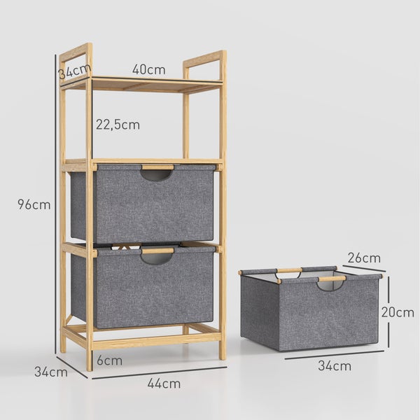 HOMCOM Wäschekorb 35,4 L Wäschesammler mit 2 Wäschekörben aus Stoff, offene Ablagen, Wäschebox mit Griff, für Badezimmer, Bambus, Natur