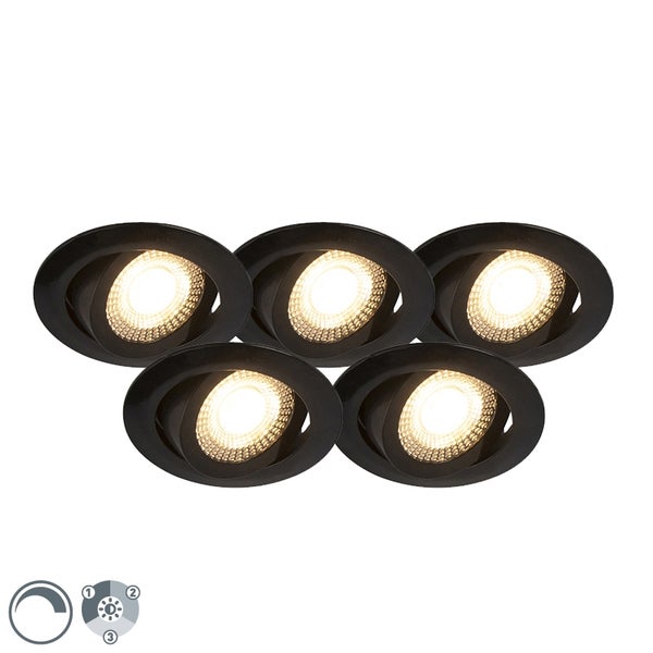 5er Set moderne Einbaustrahler schwarz inkl. LED 3-stufig dimmbar - Mio