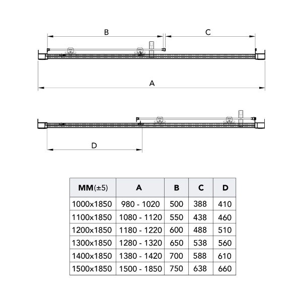 Technische Zeichnung mit Maßangaben für Schiebetürsystem
