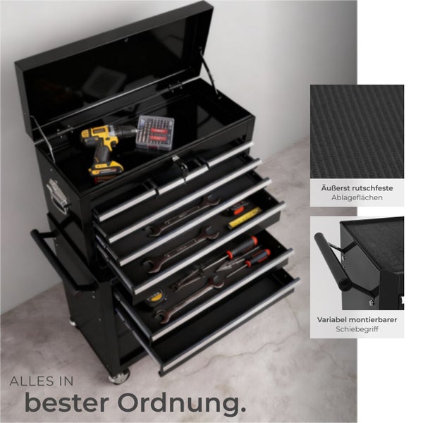 Werkzeugwagen mit Schubladen, Werkzeugen und Bohrmaschine