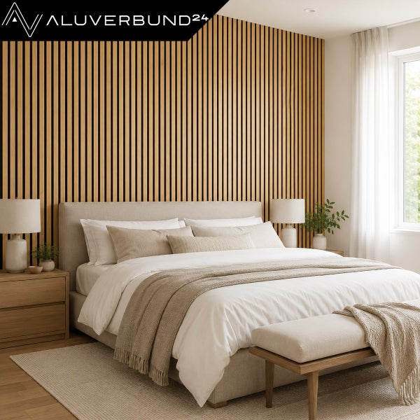 Schlafzimmer mit Holzwandpaneelen hinter dem Bett und modernem Mobiliar in einem hellen, einladenden Raum mit Aluverbund24 Logo