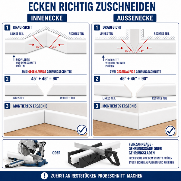 Anleitung zum Zuschneiden von Innenecken und Außenecken für Sockelleisten mit Gehrungsschnitten von 45 Grad für eine saubere Montage.