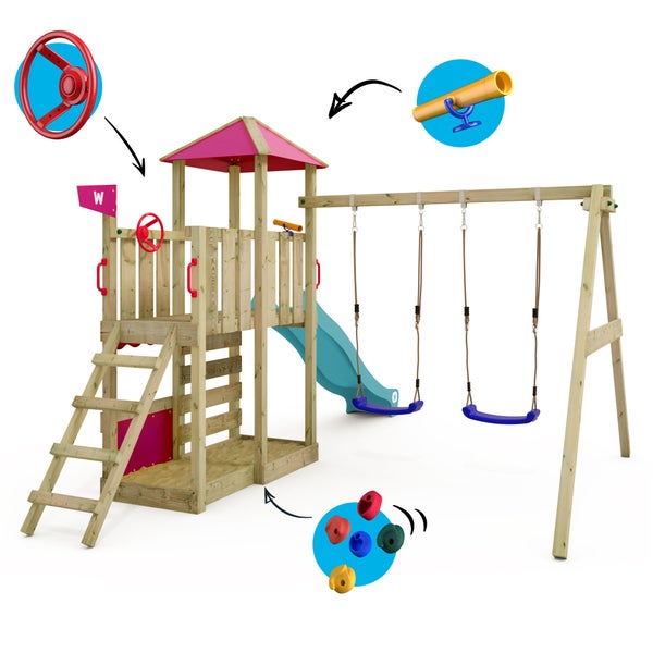 WICKEY Spielturm Klettergerüst Smart Savana mit Schaukel und Rutsche, Spielhaus mit Kletterleiter und Spiel-Zubehör – türkis