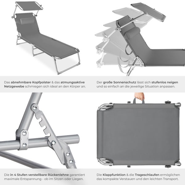 Gartenliege tectake Chloé 190 x 68 x 65 cm klappbar grau