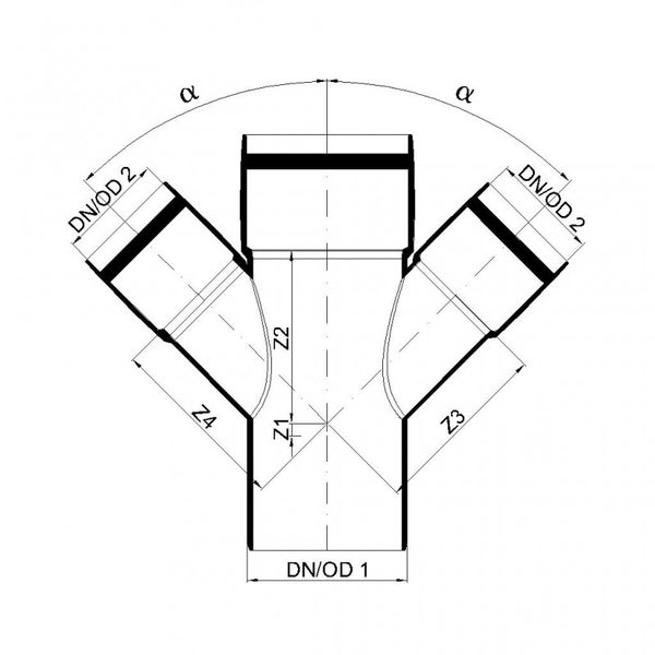 Technische Zeichnung eines Doppelabzweigs für Abwasserrohre mit Maßangaben für Winkel und Nennweiten.