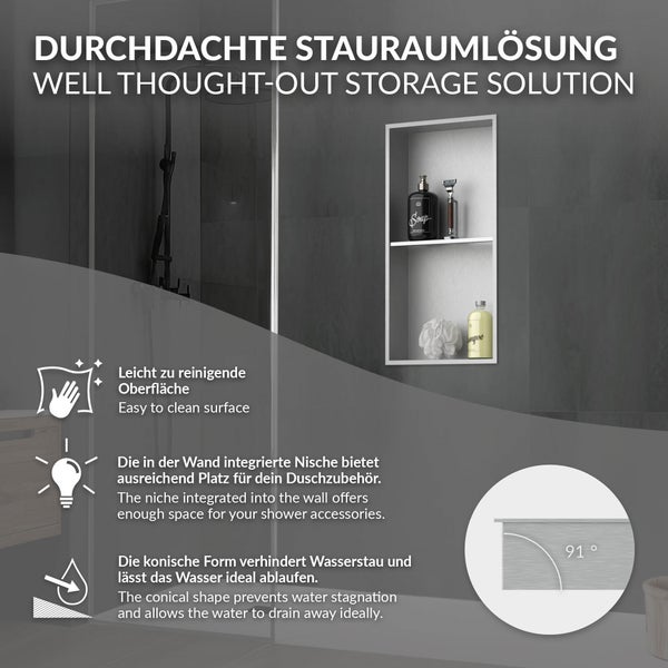 Wandnische für die Dusche mit Ablagefächern zur Aufbewahrung von Duschzubehör und konischer Form für besseren Wasserablauf.